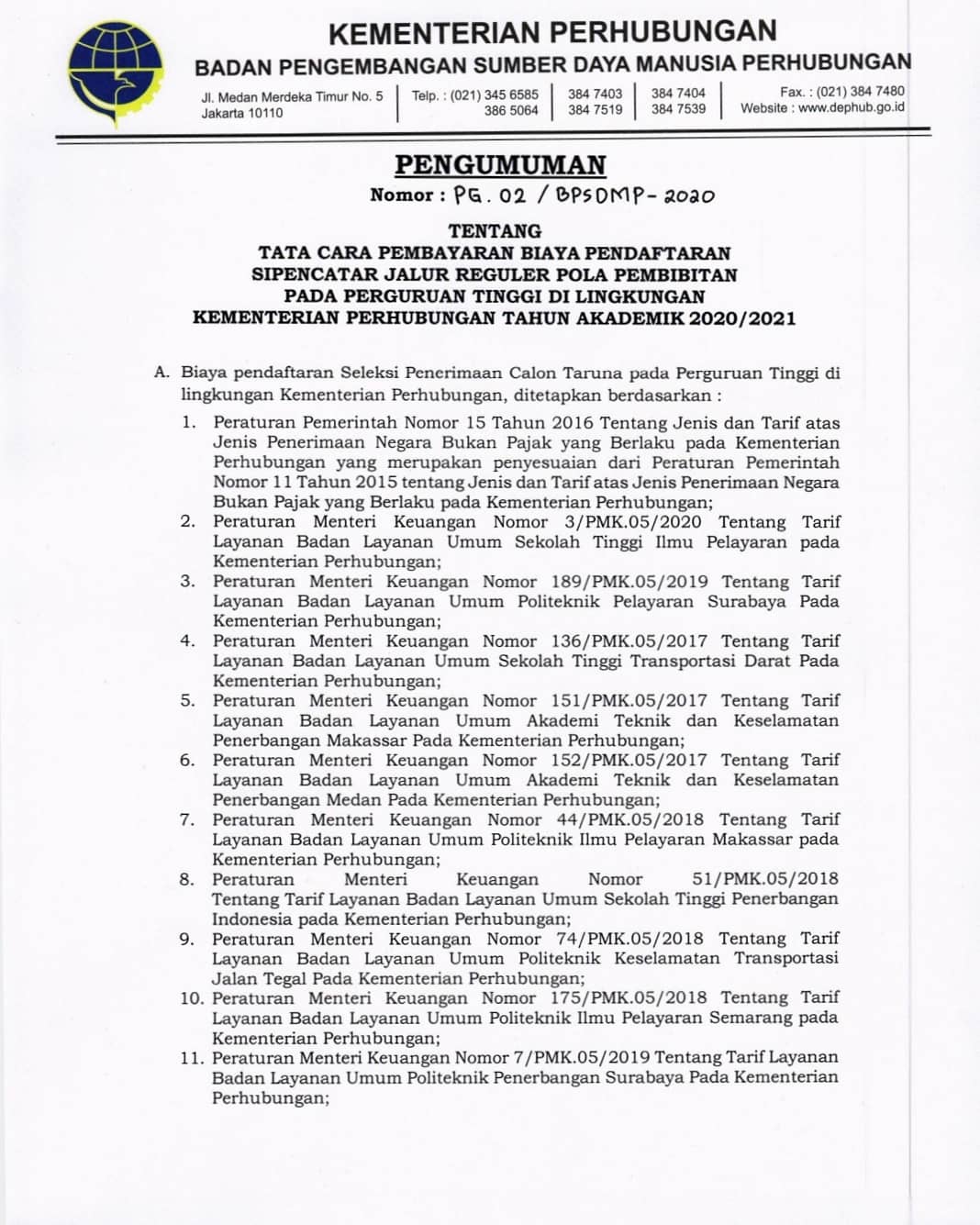 PENGUMUMAN TATA CARA PEMBAYARAN BIAYA PENDAFTARAN